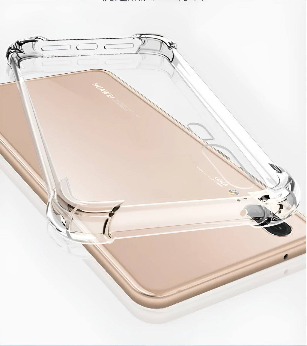 Transparent TPU phone case showing Huawei smartphone inside with visible ports and buttons