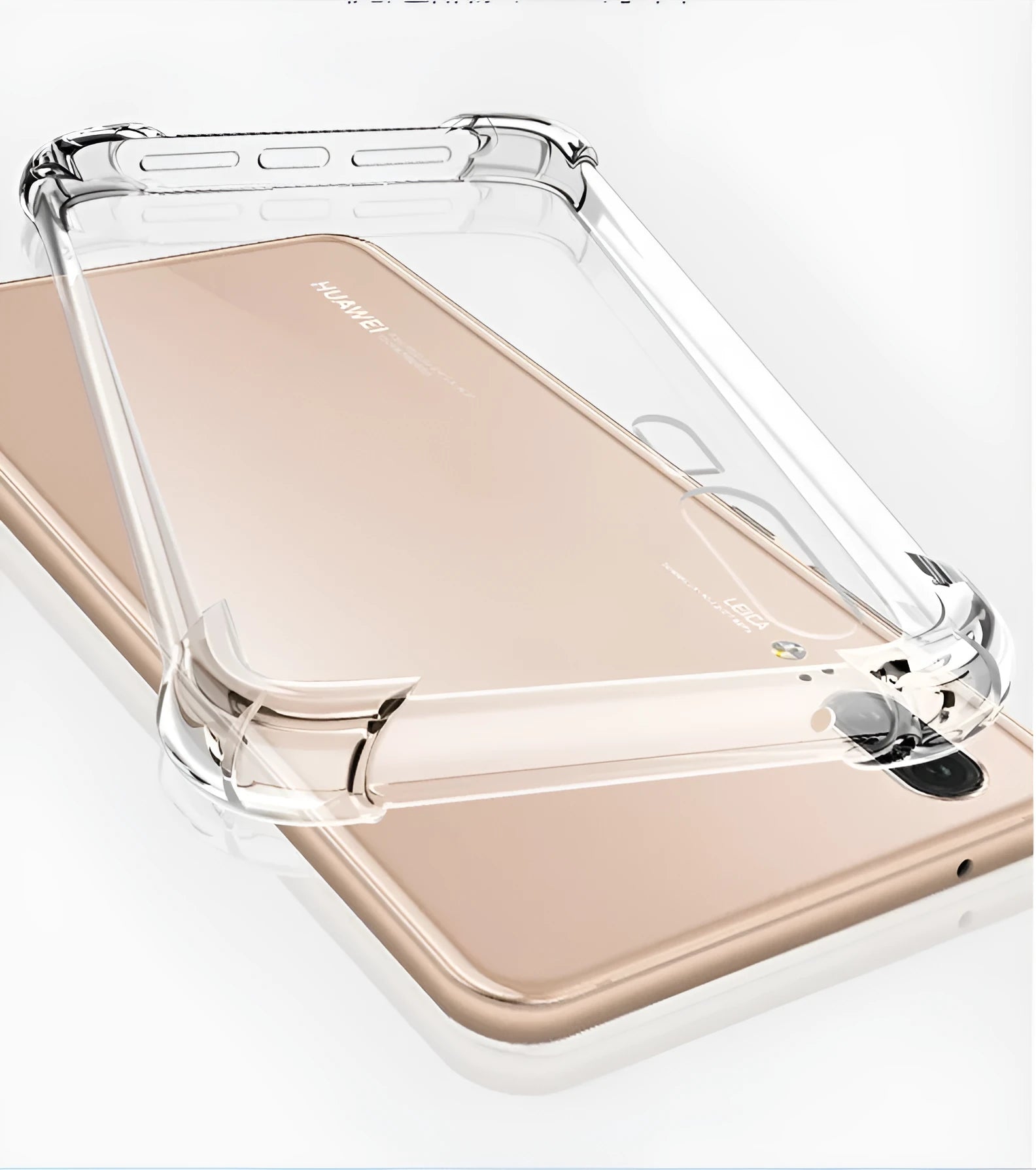 Transparent TPU phone case showing Huawei smartphone inside with visible ports and buttons