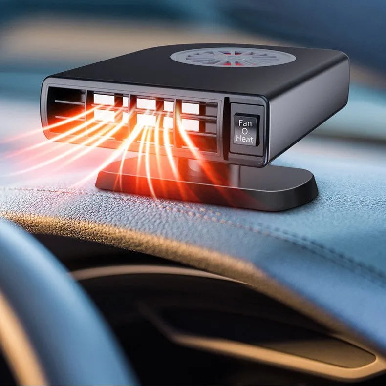 Black compact vehicle-mounted heater for car defrosting and air purification on a dashboard.