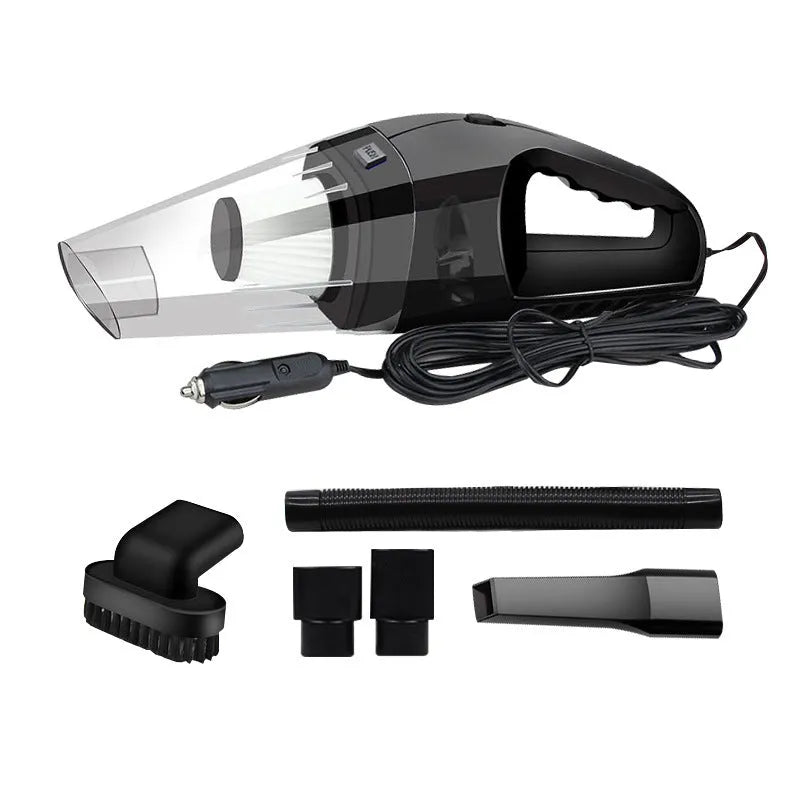 Portable 12V handheld car vacuum cleaner in black with cigarette lighter plug and 5-metre cord