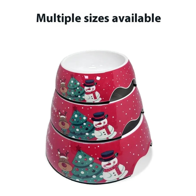Red Christmas-themed stainless steel double-layer pet bowl for dogs and cats