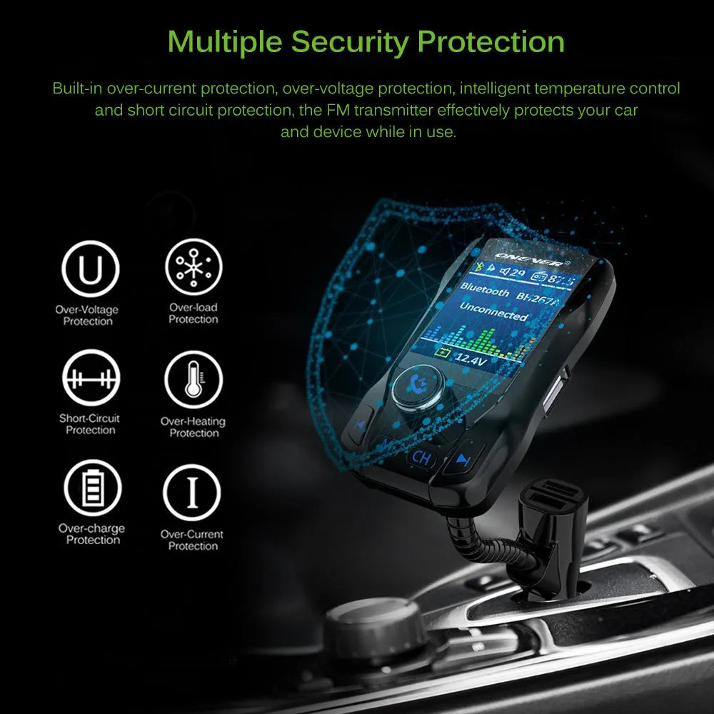 Black car FM transmitter with colour screen and flexible hose plugged into a vehicle power socket