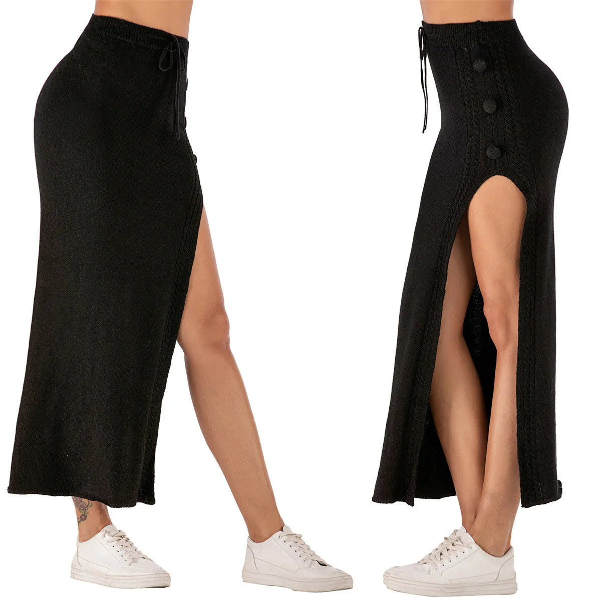 A woman wearing a black slim-fit mid-length acrylic skirt with a thigh split detail.