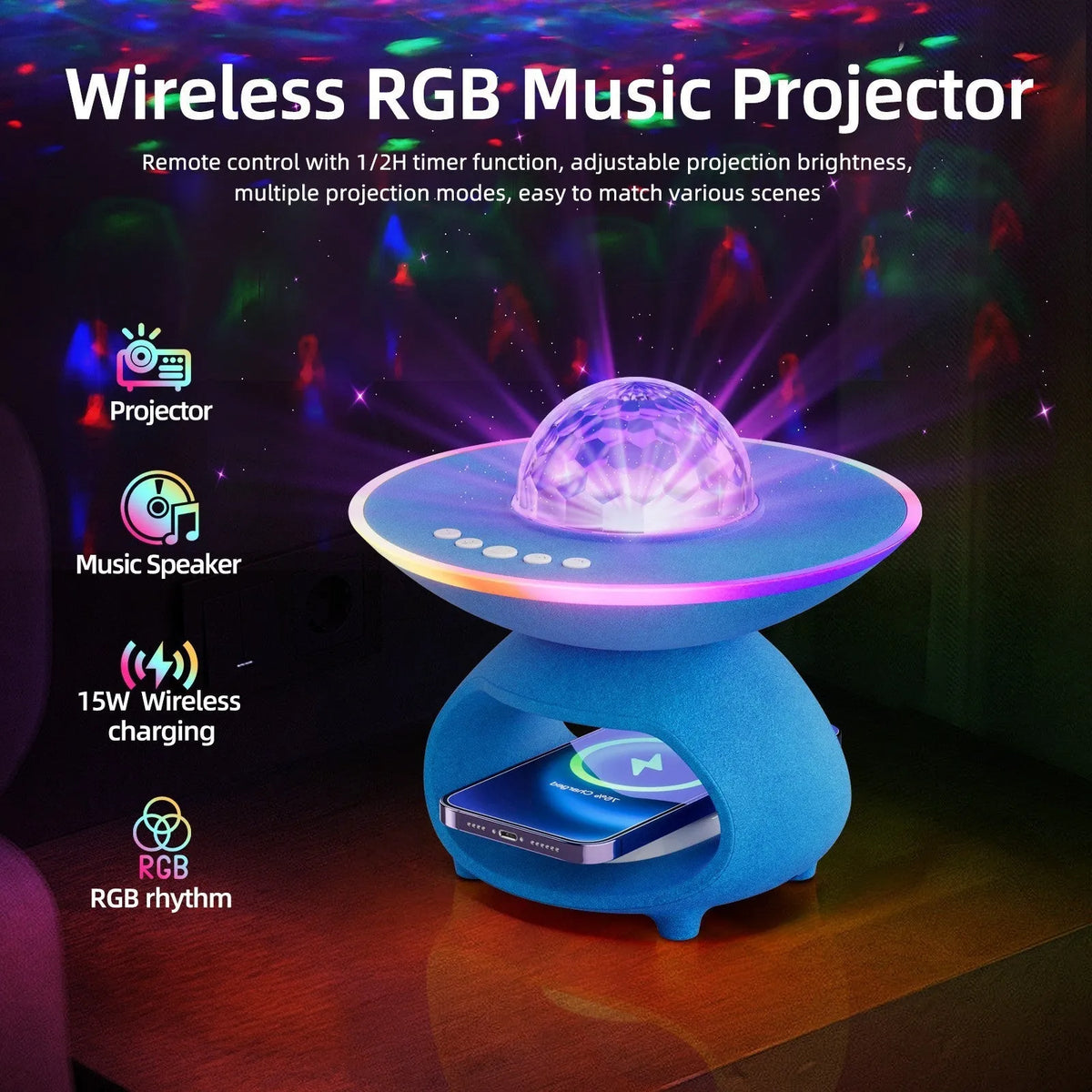 LED dynamic starry sky projector light with Bluetooth speaker in blue flocking finish, USB rechargeable