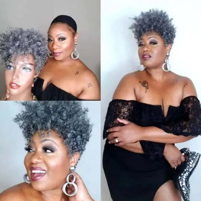 Women's short synthetic wig with simple rolls style in Kanekalon material shown in black, brown, gold, and grey colours.