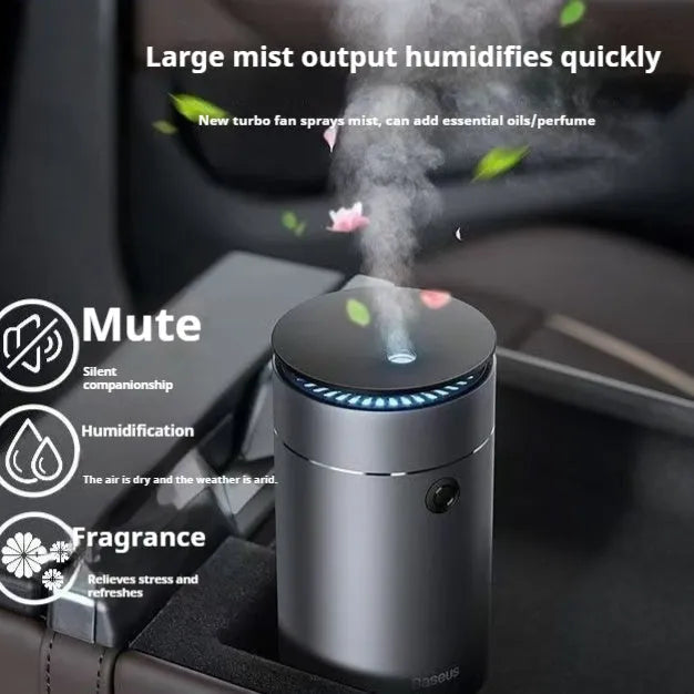 Mini car heavy fog aromatherapy humidifier in dark grey column shape with USB cable