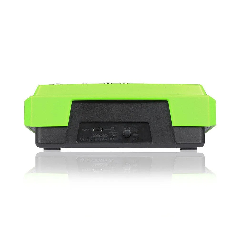 Reverb audio processor with USB interface, 20W power output, included mixer and accessories in green, red or yellow colour options