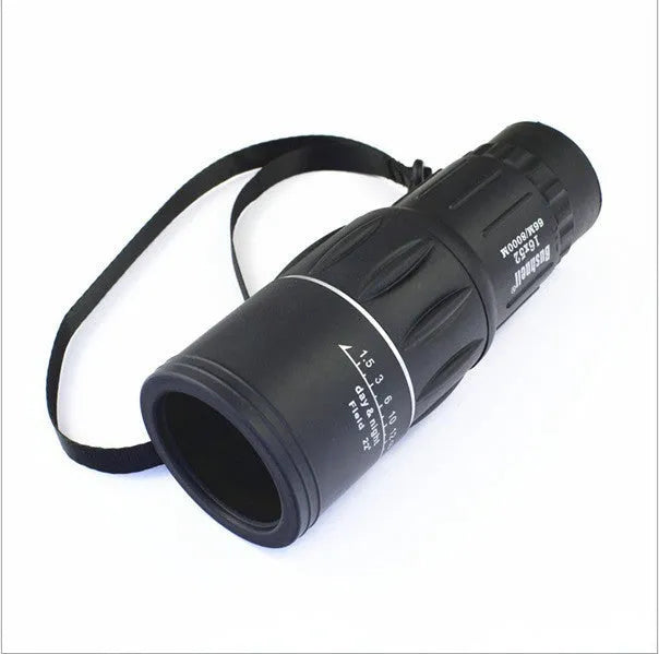 Black 16x52 high-power monocular with 52mm objective lens and eyepiece focus ring.