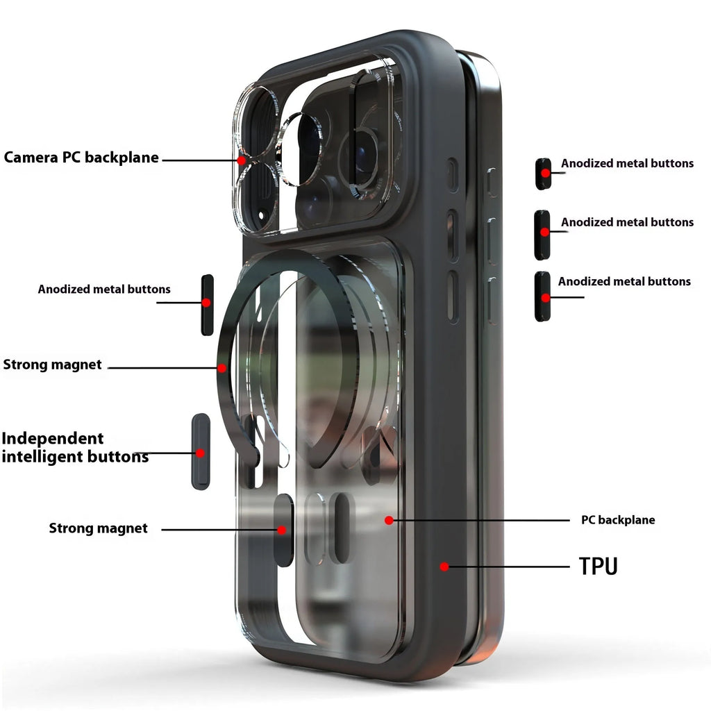 Two-in-one magnetic phone case for iPhone 17 Pro Max in black, showing shockproof construction.