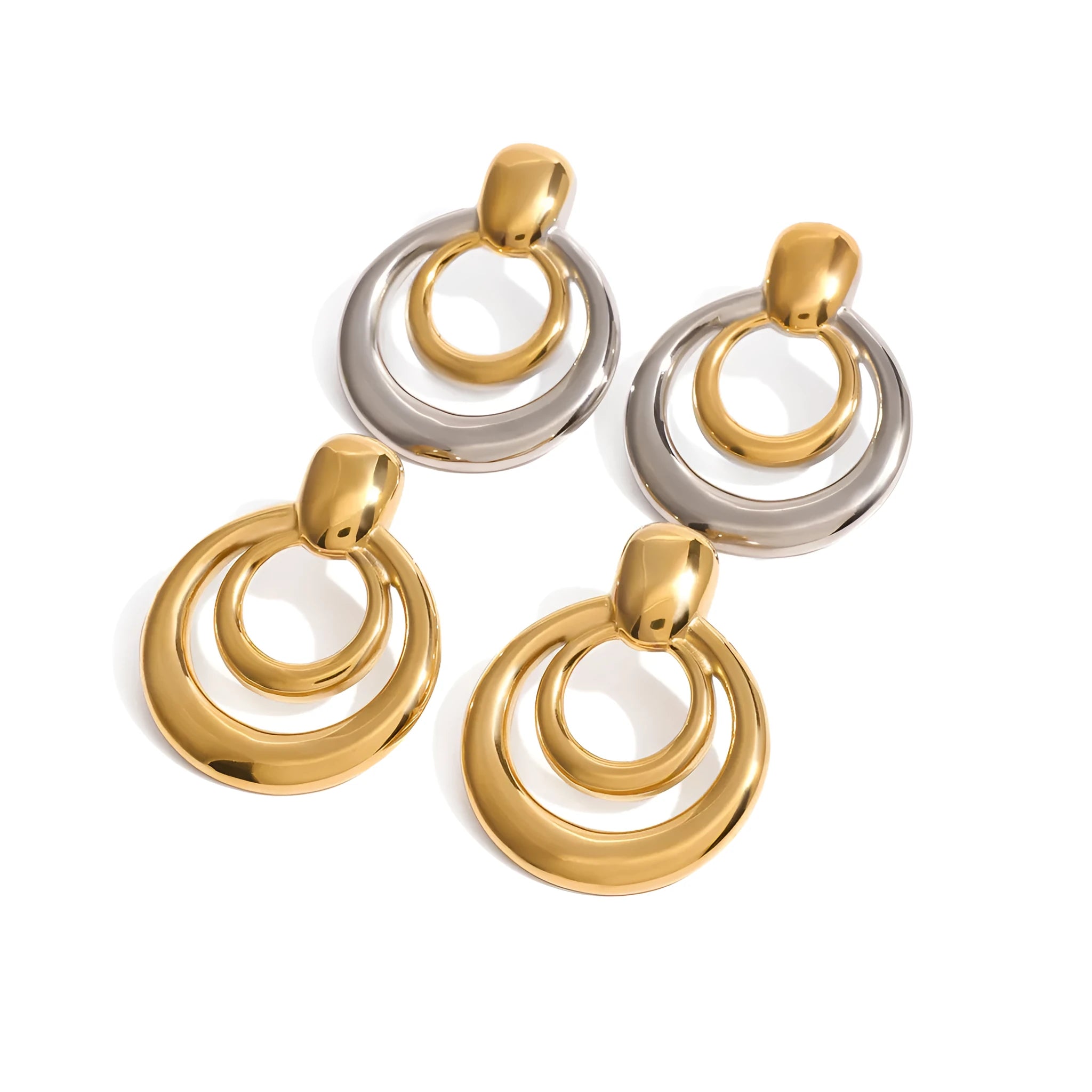 Round double layer hollow stud earrings with 18K gold electroplated finish on titanium steel