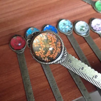 Handmade dry flower gypsophila ruler bookmark with lace flowers, daffodils and clover on 12 cm scale