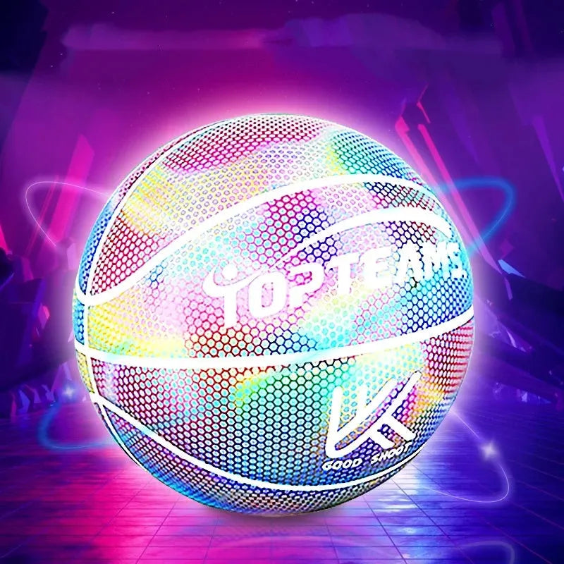 Size 7 holographic reflective PU basketball, 24.5cm diameter, in White Moonlight or Rainbow
