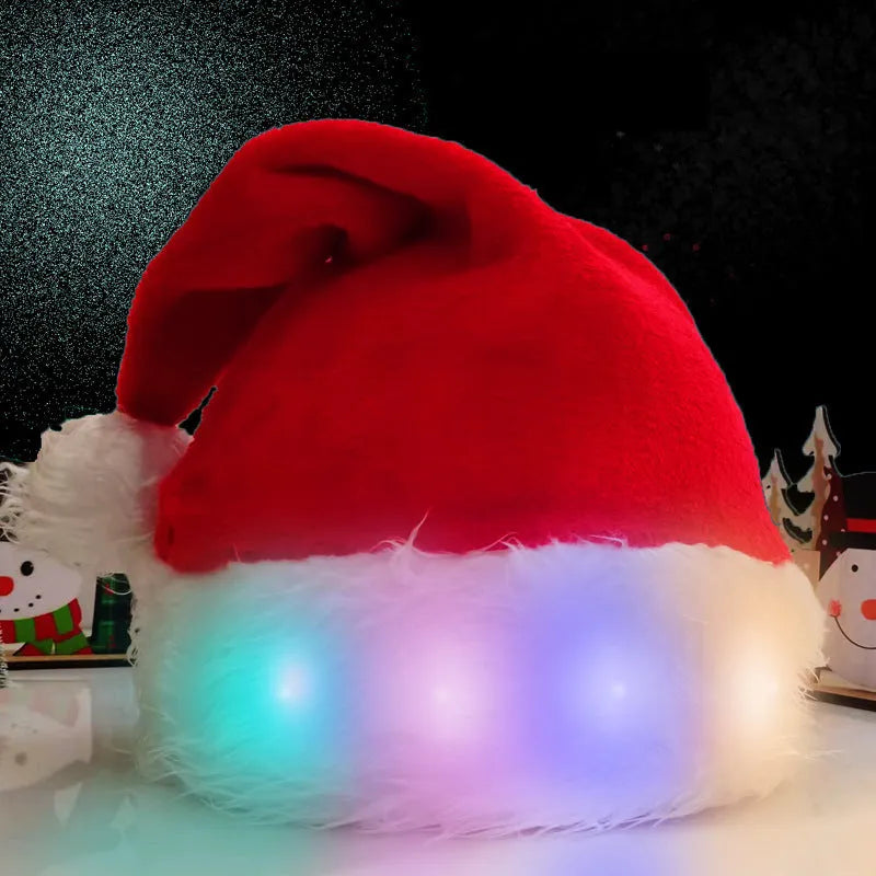 Red and white plush LED Santa hat with 20 colour-changing lights illuminated in festive display