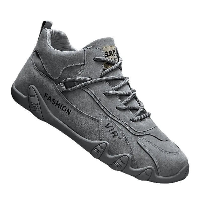 Men's grey low-cut casual shoes with elastic band and non-slip sole.