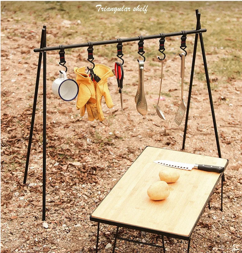 Foldable aluminium triangle camping drying rack with hooks and top tray