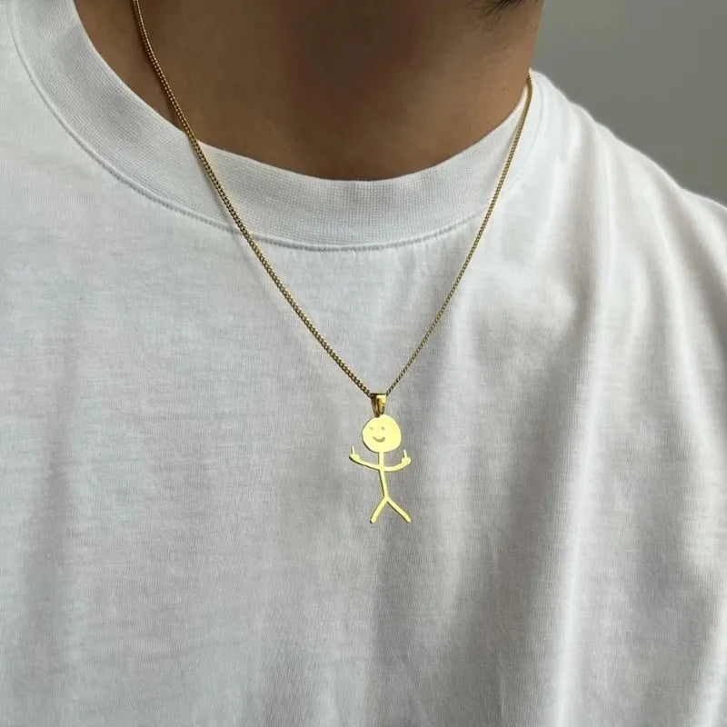 Stainless steel funny doodle smiley stick figure middle finger pendant necklace on link chain