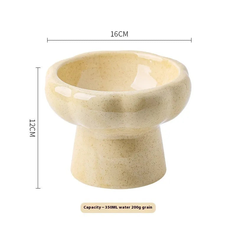 Anti-tumble large diameter ceramic pet bowl for cats in beige, side view