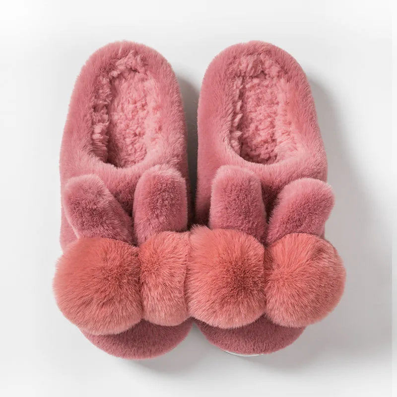 Women's high-top bunny fluffy slippers in creamy white with a flower pattern and rabbit fur.