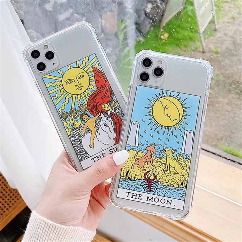 Creative Mythology Comic phone case with sun and moon graffiti cartoon designs on silicone TPU back cover