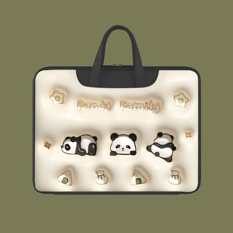 Inflatable laptop bag in PU leather with hanging strap, showing cute panda design for 13-15.6 inch laptops