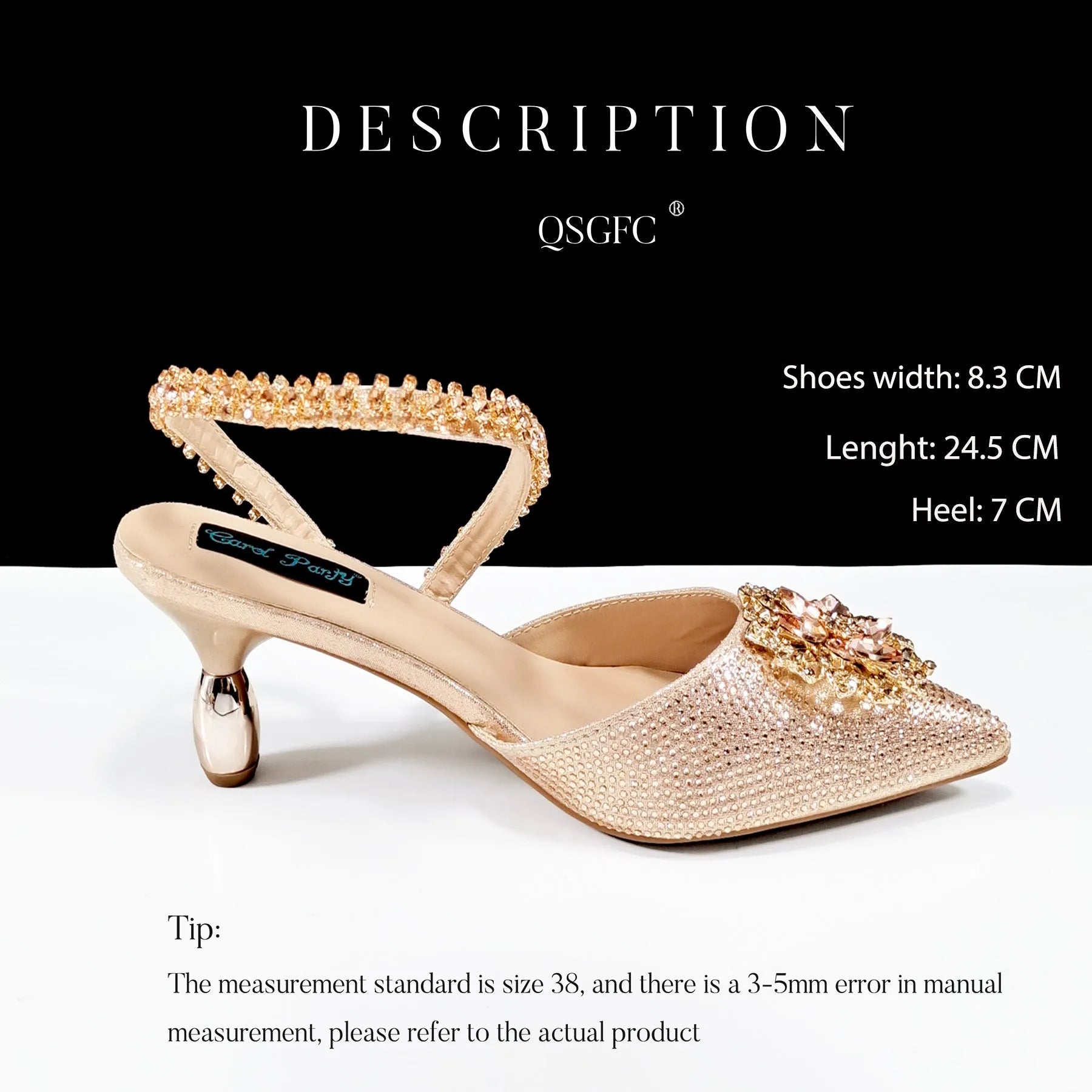 Women's black high heel shoes with rhinestone flowers and an ankle chain, next to a matching hard clutch bag.