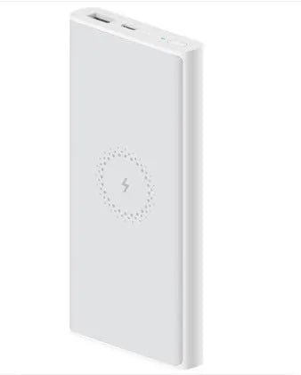 Black and white 10000mAh power bank with fast charging and wireless output features.