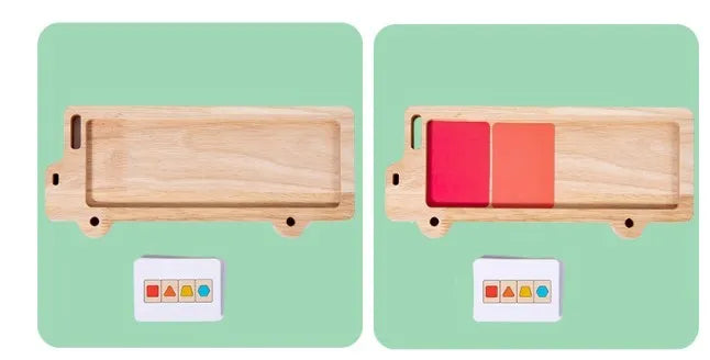Wooden early education geometry puzzle with colour shape matching, trolley design, on a white background