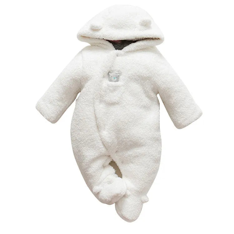 Newborn baby wearing a white cotton padded long sleeve romper jumpsuit