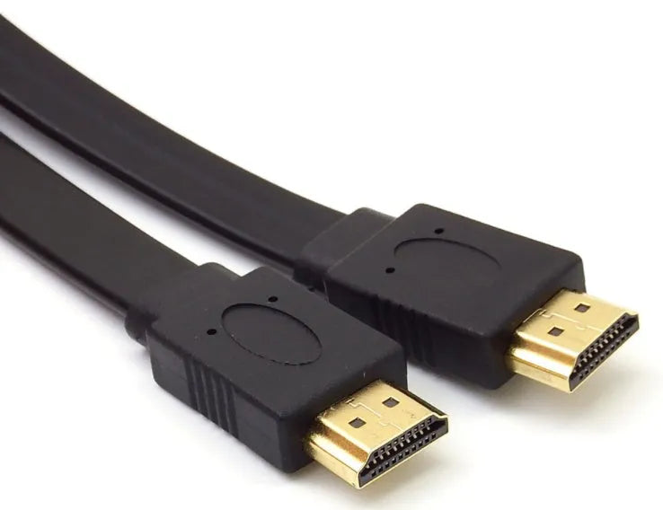 Flat black HDMI cable with male connectors on a white background
