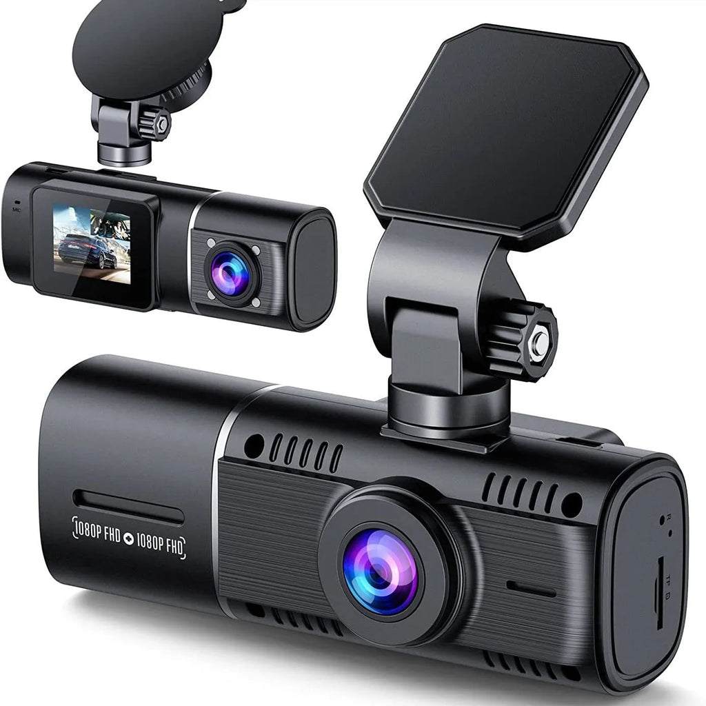 Standard black dual car dash cam on windscreen mount with 1.5-inch screen, showing wide-angle road view.