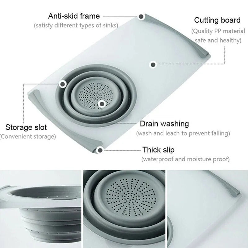 Grey folding chopping board with detachable drain basket showing 50cm cutting surface