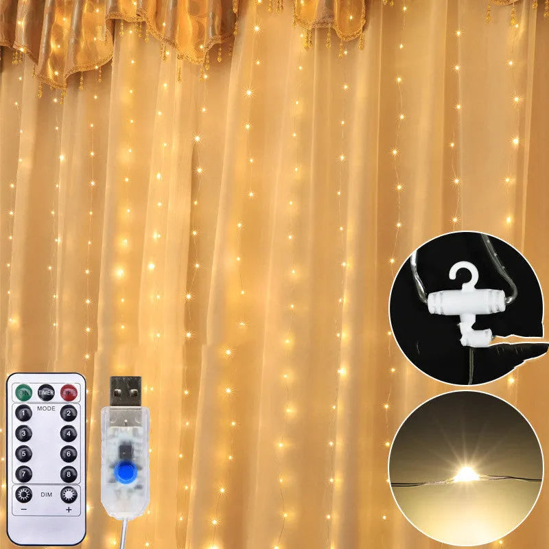 Sound control curtain light string in warm white mode hung on a wall, USB cable visible