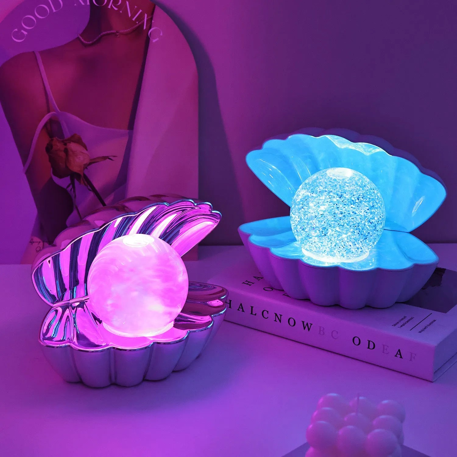 Shell-shaped decorative night lamp with neon lighting in multiple colour options