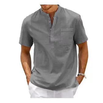Men's solid colour stand collar short sleeve polo shirt in a loose fit for summer.