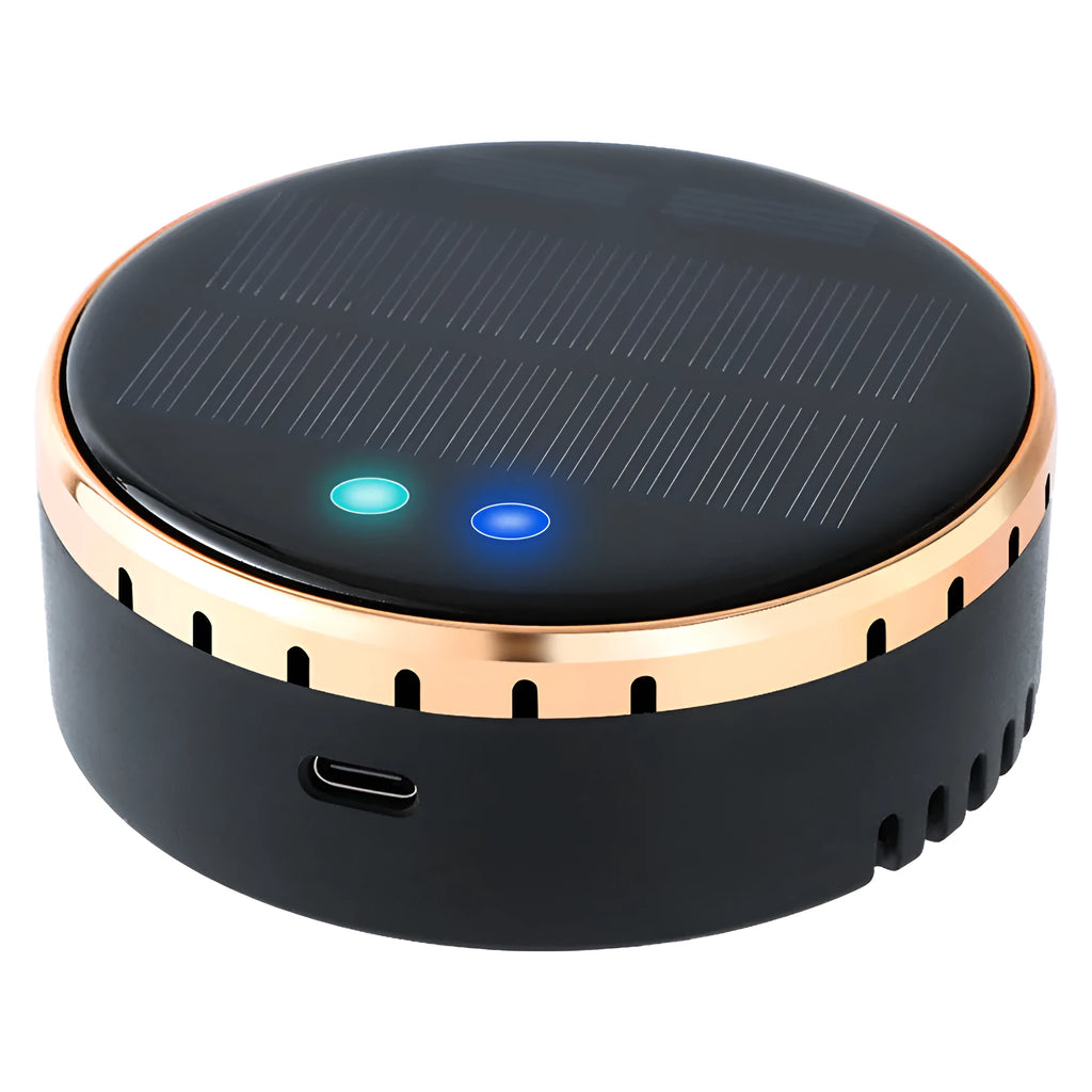 Solar-powered car air humidifier mounted on a vehicle vent in black, gold, or red.