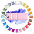 Set of pearlescent solid watercolour paint pans showing shimmering colours, available in 12 or 24 colour options.