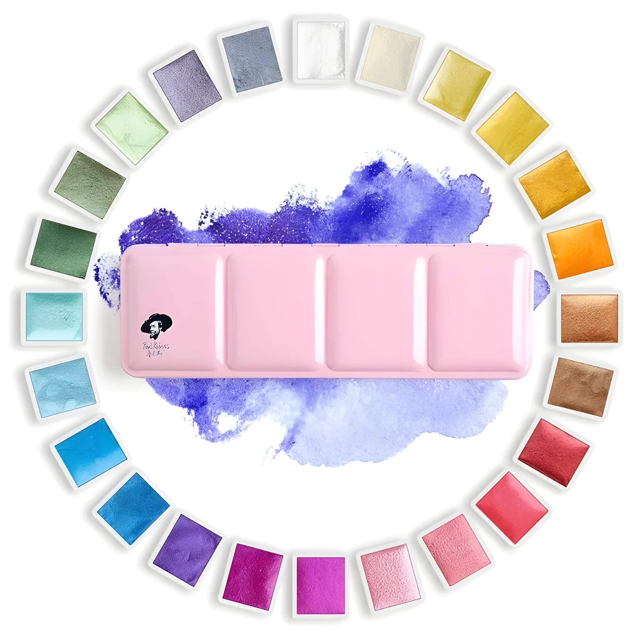 Set of pearlescent solid watercolour paint pans showing shimmering colours, available in 12 or 24 colour options.