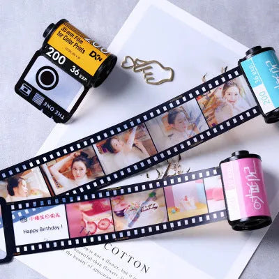 Wooden memory film photo storage album box with tote bag in yellow, pink, or blue.
