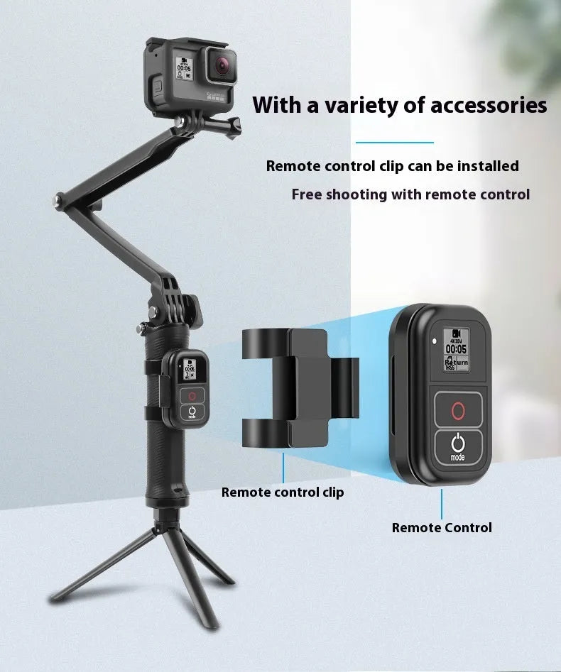 Black folding tripod stand for GoPro Hero action cameras on a flat surface