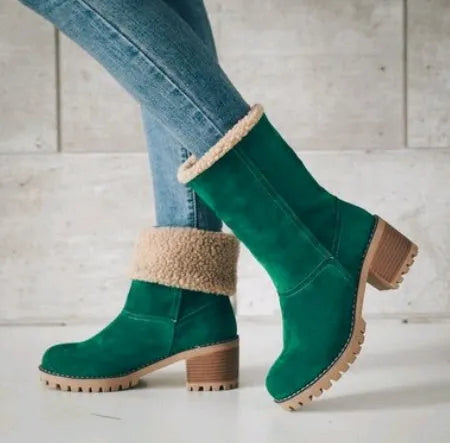 Women's chunky heel mid-calf suede snow boots in green, shown on a foot.
