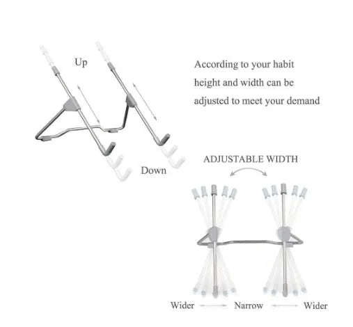 Grey aluminium alloy and engineering plastic adjustable stand holding a mobile phone and a laptop.