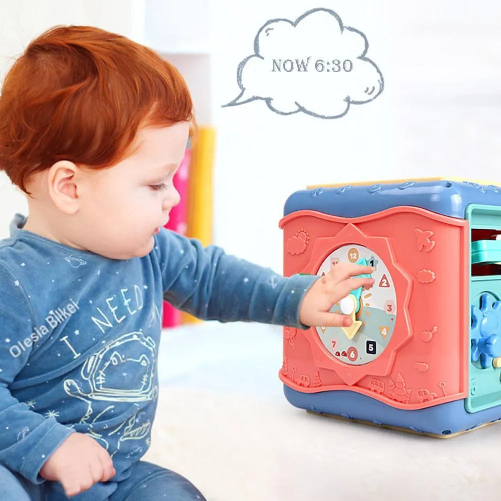 Baby educational hexahedron cube with six learning activities showing bead maze, gears, and shape sorting