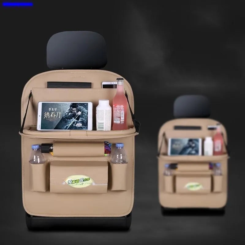 Hanging storage bag seat organiser in wear-resistant leather for car seat back with beige colour