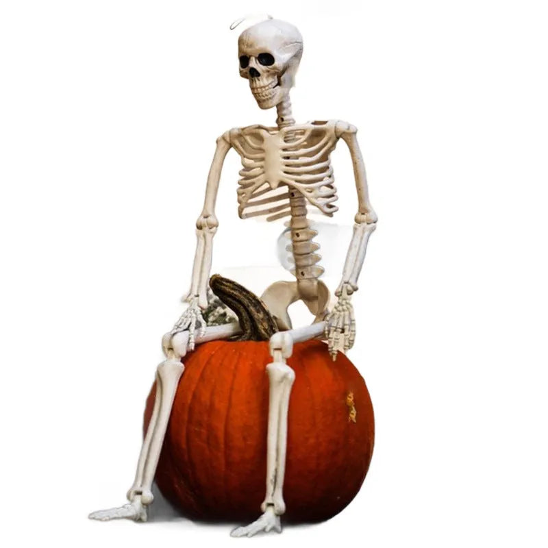 90cm tall poseable plastic Halloween skeleton model with movable arms and legs for decoration.