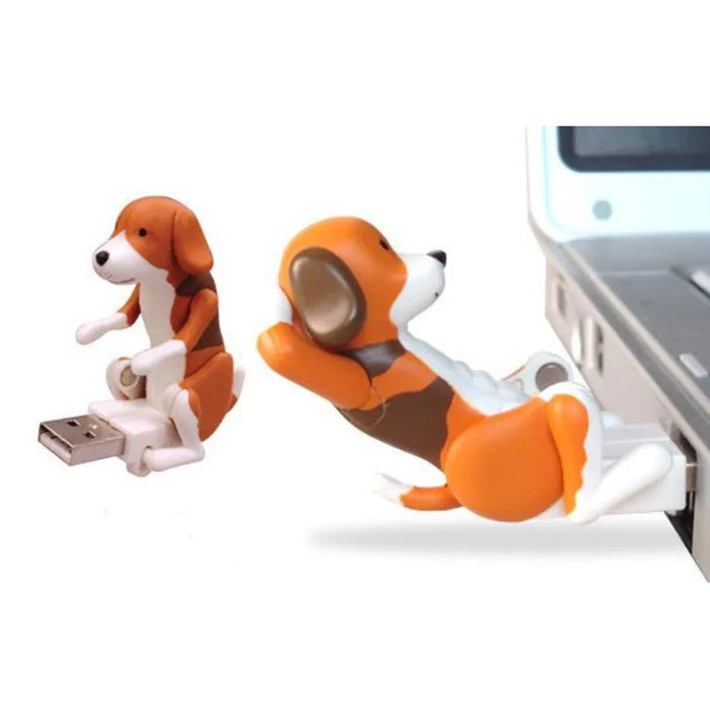 Brown USB-powered dog desktop toy, 60x30x60 mm, with USB connector, front view on white background
