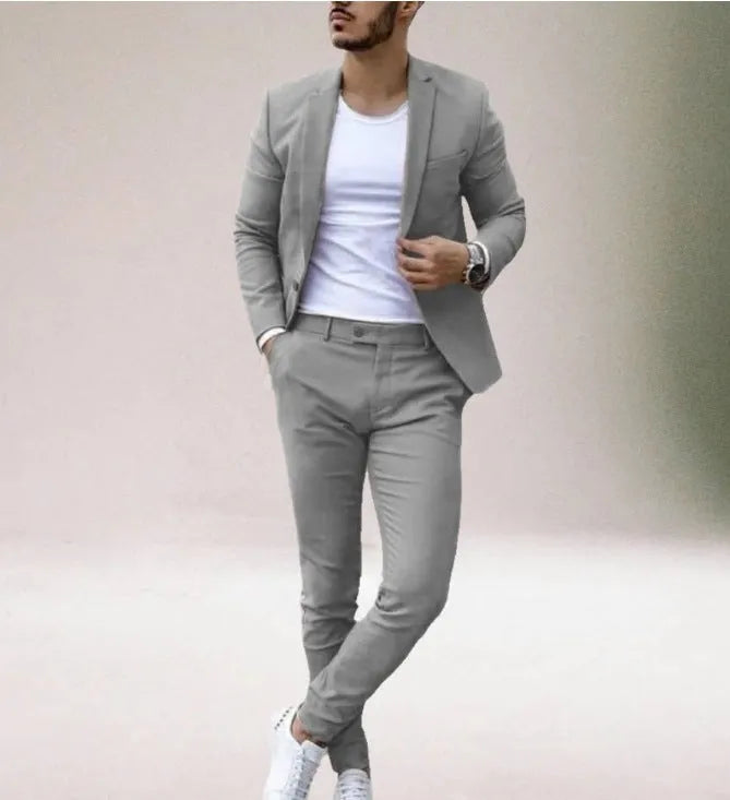 Men's leisure set with digital print two-button suit top and two-piece trousers slim fit light business casual