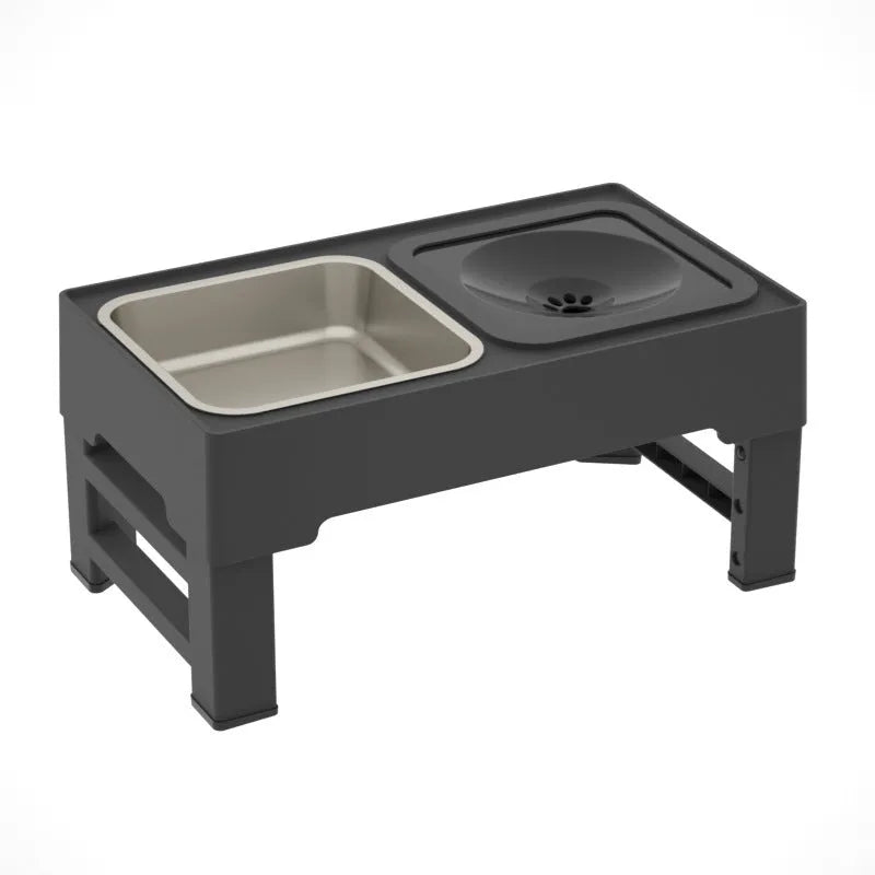Black adjustable height dog feeding stand with two stainless steel bowls elevated on plastic stand