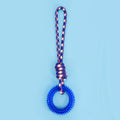 Long blue braided rope dog toy with a central knot, shown on a white background