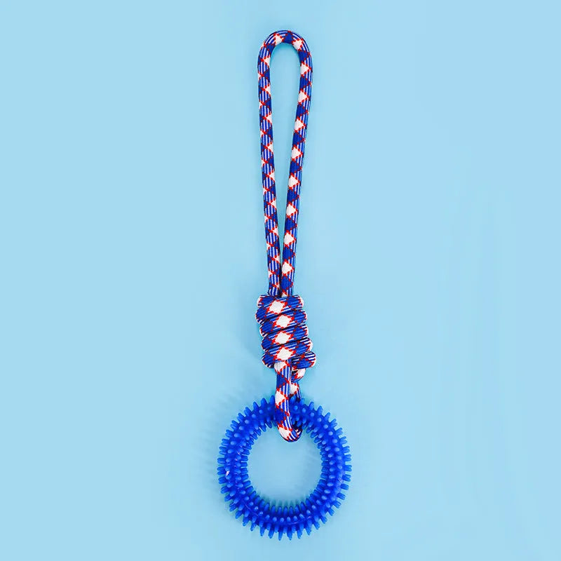 Long blue braided rope dog toy with a central knot, shown on a white background