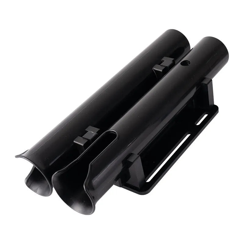 Carbon plastic fishing rod rack mounted on a bicycle frame for transporting fishing gear.